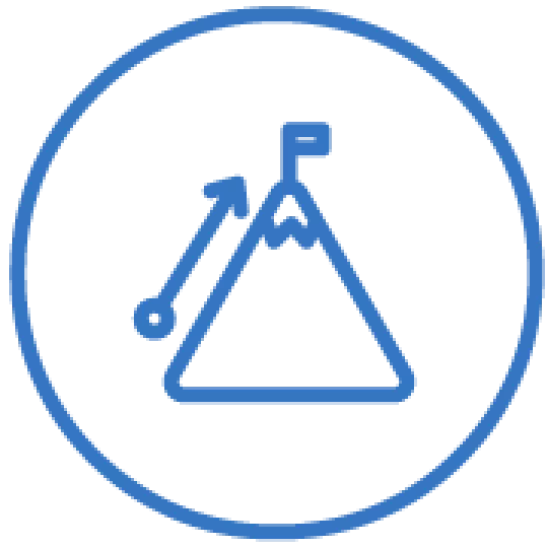 Blue icon of a mountain with a flag on top and an arrow along the side pointing up within a circle